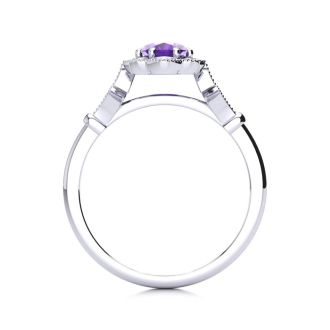 Amethyst Ring: 1 Carat Oval Shape Amethyst and Halo Diamond Ring In Sterling Silver