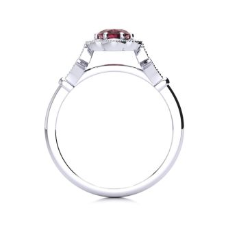 Garnet Ring: 1 Carat Oval Shape Garnet and Halo Diamond Ring In Sterling Silver