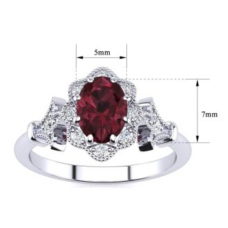 Garnet Ring: 1 Carat Oval Shape Garnet and Halo Diamond Ring In Sterling Silver