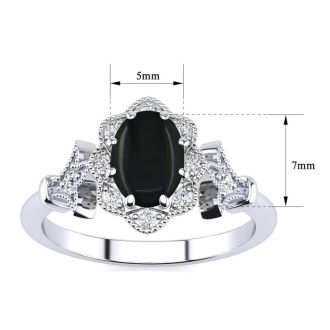 Black Onyx Ring: 1 Carat Oval Shape Black Onyx and Halo Diamond Ring In Sterling Silver
