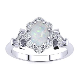 Opal Ring: 1 Carat Oval Shape Created Opal and Halo Diamond Ring In Sterling Silver