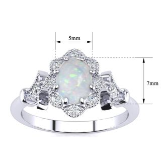 Opal Ring: 1 Carat Oval Shape Created Opal and Halo Diamond Ring In Sterling Silver