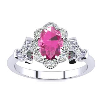 Pink Sapphire Ring: 1 Carat Oval Shape Created Pink Sapphire and Halo Diamond Ring In Sterling Silver
