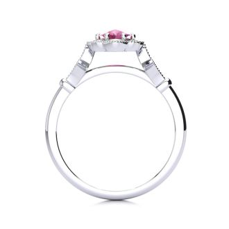 Pink Sapphire Ring: 1 Carat Oval Shape Created Pink Sapphire and Halo Diamond Ring In Sterling Silver