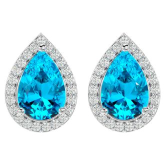 3 Carat Pear Shape Blue Topaz and Halo Diamond Earrings In Sterling Silver