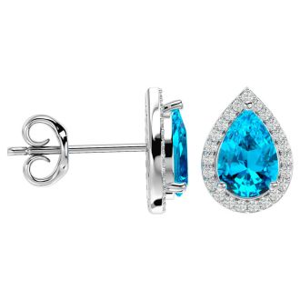 3 Carat Pear Shape Blue Topaz and Halo Diamond Earrings In Sterling Silver