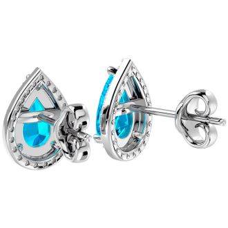 3 Carat Pear Shape Blue Topaz and Halo Diamond Earrings In Sterling Silver