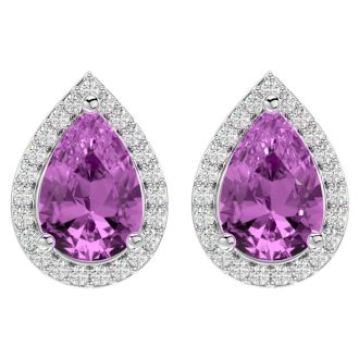 3 Carat Pear Shape Pink Sapphire and Halo Diamond Earrings In Sterling Silver