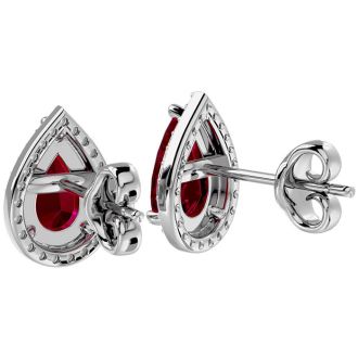 3 Carat Pear Shape Ruby and Halo Diamond Earrings In Sterling Silver