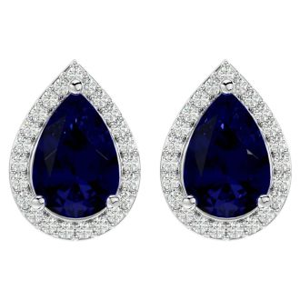 3 Carat Pear Shape Sapphire and Halo Diamond Earrings In Sterling Silver