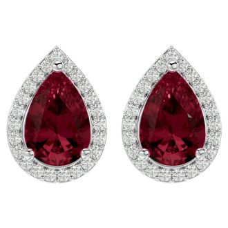 3 Carat Pear Shape Garnet and Halo Diamond Earrings In Sterling Silver