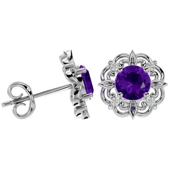 2 Carat Amethyst and Diamond Antique Stud Earrings In Sterling Silver