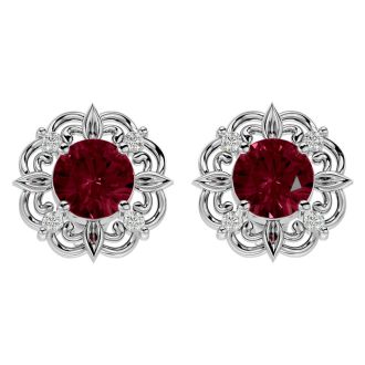 2 Carat Garnet and Diamond Antique Stud Earrings In Sterling Silver