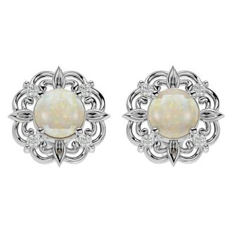 2 Carat Opal and Diamond Antique Stud Earrings In Sterling Silver