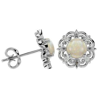 2 Carat Opal and Diamond Antique Stud Earrings In Sterling Silver