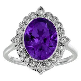 1 1/4 Carat Oval Shape Amethyst and Halo Diamond Ring In 14 Karat White Gold
