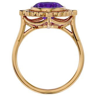 1 1/4 Carat Oval Shape Amethyst and Halo Diamond Ring In 14 Karat Yellow Gold
