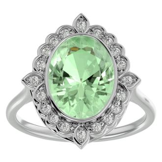1 1/4 Carat Oval Shape Green Amethyst and Halo Diamond Ring In 14 Karat White Gold