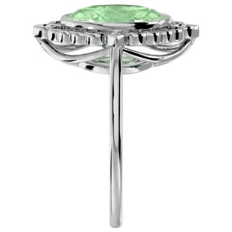 1 1/4 Carat Oval Shape Green Amethyst and Halo Diamond Ring In 14 Karat White Gold