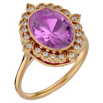 Pink Gemstones 1 3/4 Carat Oval Shape Pink Topaz and Halo Diamond Ring In 14 Karat Yellow Gold