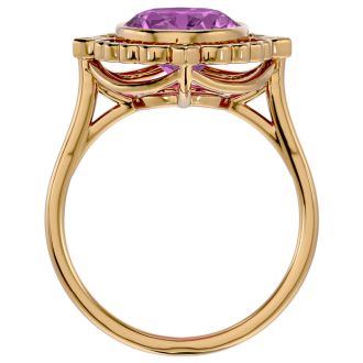 Pink Gemstones 1 3/4 Carat Oval Shape Pink Topaz and Halo Diamond Ring In 14 Karat Yellow Gold