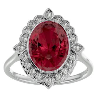 Garnet Ring: Garnet Jewelry: 1 3/4 Carat Oval Shape Garnet and Halo Diamond Ring In 14 Karat White Gold
