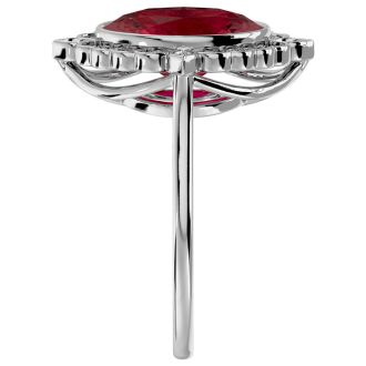 Garnet Ring: Garnet Jewelry: 1 3/4 Carat Oval Shape Garnet and Halo Diamond Ring In 14 Karat White Gold