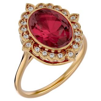 Garnet Ring: Garnet Jewelry: 1 3/4 Carat Oval Shape Garnet and Halo Diamond Ring In 14 Karat Yellow Gold