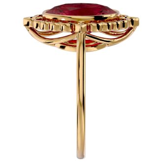 Garnet Ring: Garnet Jewelry: 1 3/4 Carat Oval Shape Garnet and Halo Diamond Ring In 14 Karat Yellow Gold