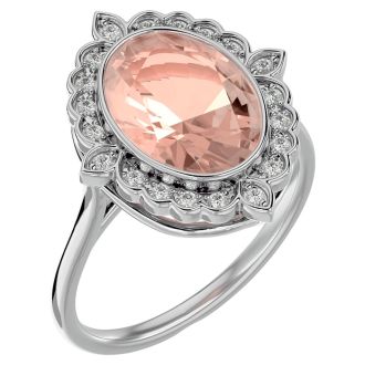 1-1/3 Carat Oval Shape Morganite and Halo Diamond Ring In 14 Karat White Gold