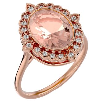 1-1/3 Carat Oval Shape Morganite and Halo Diamond Ring In 14 Karat Rose Gold