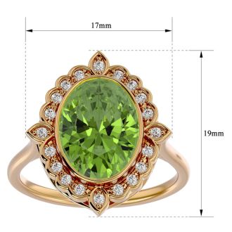 1 1/2 Carat Oval Shape Peridot and Halo Diamond Ring In 14 Karat Yellow Gold