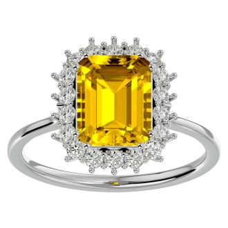 2 1/3 Carat Citrine and Halo Diamond Ring In 14K White Gold