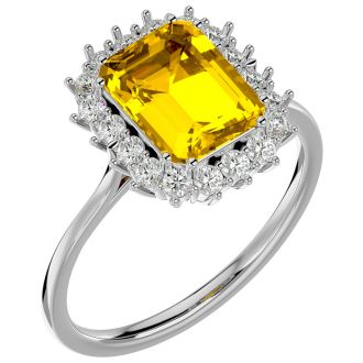 2 1/3 Carat Citrine and Halo Diamond Ring In 14K White Gold