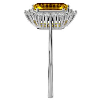 2 1/3 Carat Citrine and Halo Diamond Ring In 14K White Gold