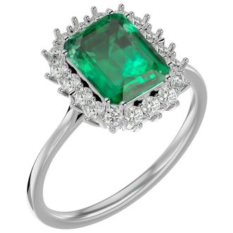 2 1/2 Carat Emerald and Halo Diamond Ring In 14K White Gold