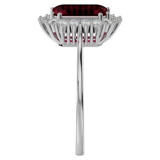 Garnet Ring: Garnet Jewelry: 3 Carat Garnet and Halo Diamond Ring In 14K White Gold