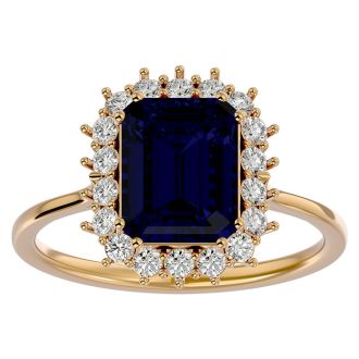 3 1/5 Carat Sapphire and Halo Diamond Ring In 14K Yellow Gold