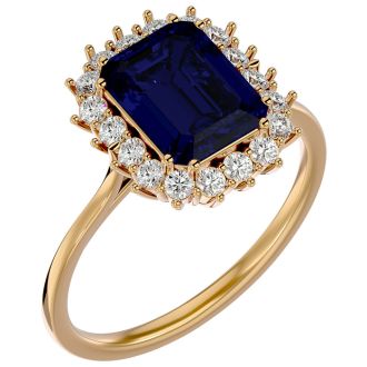 3 1/5 Carat Sapphire and Halo Diamond Ring In 14K Yellow Gold