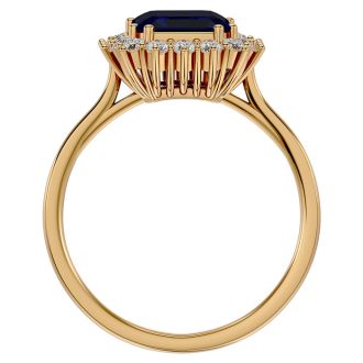 3 1/5 Carat Sapphire and Halo Diamond Ring In 14K Yellow Gold