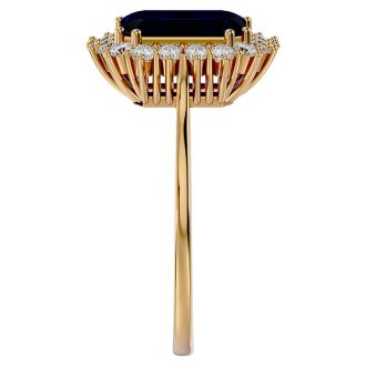 3 1/5 Carat Sapphire and Halo Diamond Ring In 14K Yellow Gold