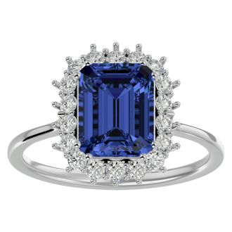 2 3/4 Carat Tanzanite and Halo Diamond Ring In 14K White Gold