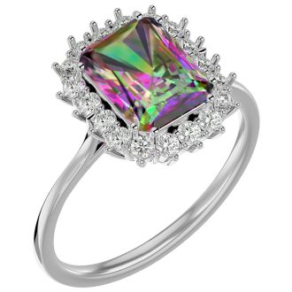 2-1/3 Carat Octagon Shape Mystic Topaz Ring With Diamond Halo In 14 Karat White Gold