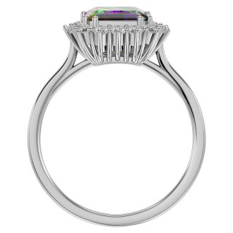 2-1/3 Carat Octagon Shape Mystic Topaz Ring With Diamond Halo In 14 Karat White Gold