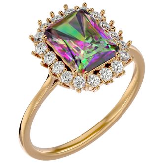 2-1/3 Carat Octagon Shape Mystic Topaz Ring With Diamond Halo In 14 Karat Yellow Gold