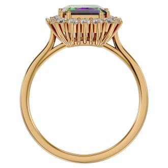 2-1/3 Carat Octagon Shape Mystic Topaz Ring With Diamond Halo In 14 Karat Yellow Gold