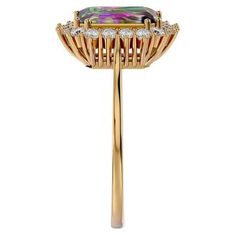 2-1/3 Carat Octagon Shape Mystic Topaz Ring With Diamond Halo In 14 Karat Yellow Gold