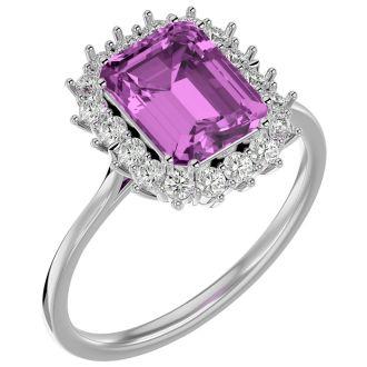 3 Carat Pink Topaz and Halo Diamond Ring In 14K White Gold