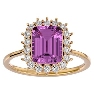 3 Carat Pink Topaz and Halo Diamond Ring In 14K Yellow Gold
