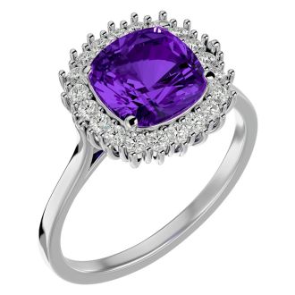 2 1/2 Carat Cushion Cut Amethyst and Halo Diamond Ring In 14K White Gold